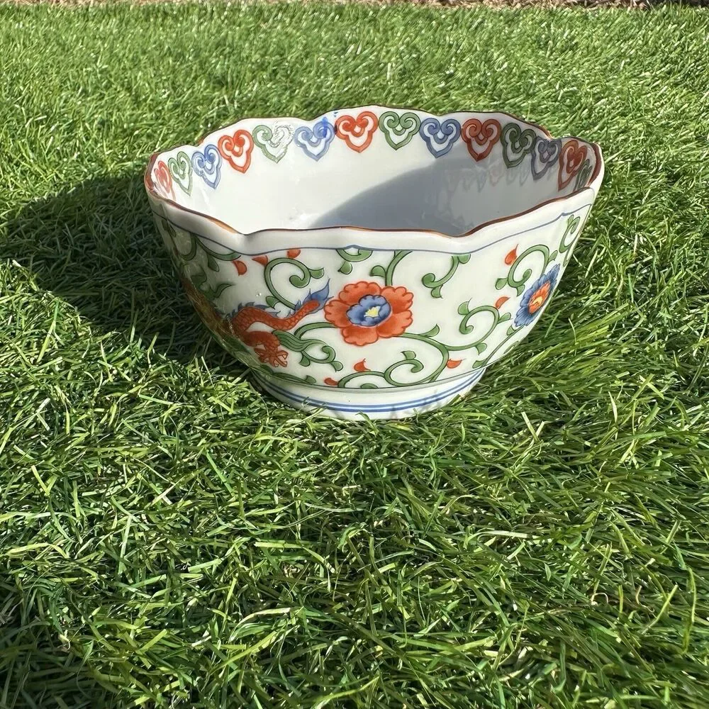 Vtg Rare Omc Otagiri Japan Porcelain Red Dragon‎ Petal Form Rice Bowl And Plate